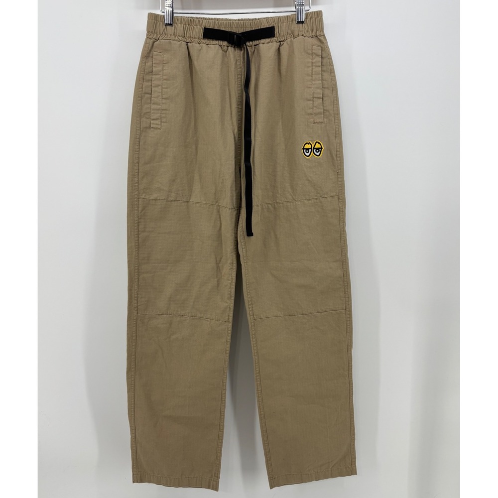 KROOKED EYES RIPSTOP Double Knee Pants Sz S Small Khaki Beige Skater Belted